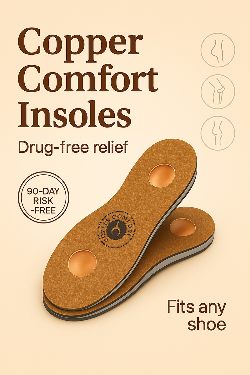 Copper Comfort Insoles — drug-free relief. Fits any shoe.
