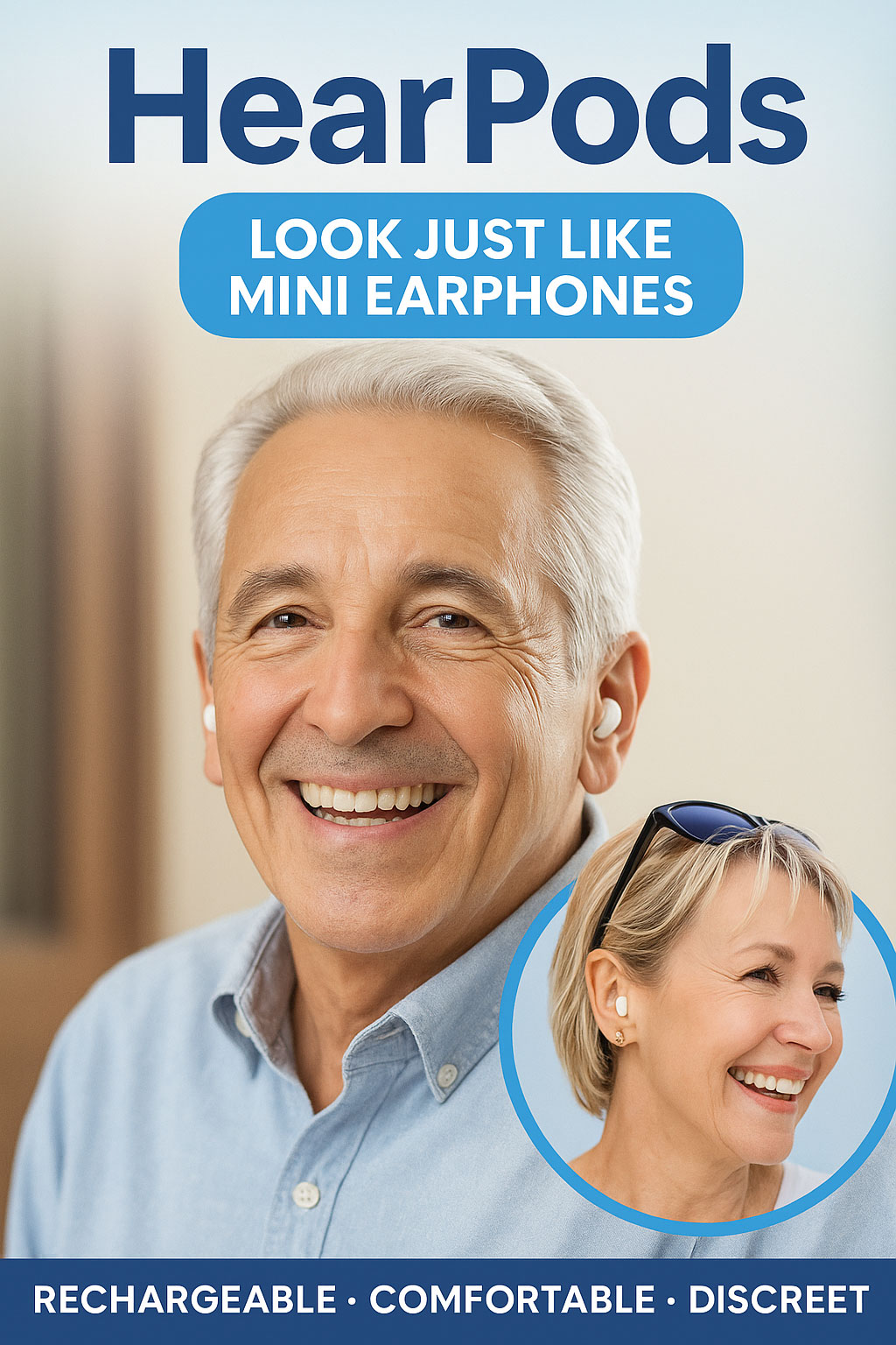 Hear-Pods — discreet, rechargeable hearing device.